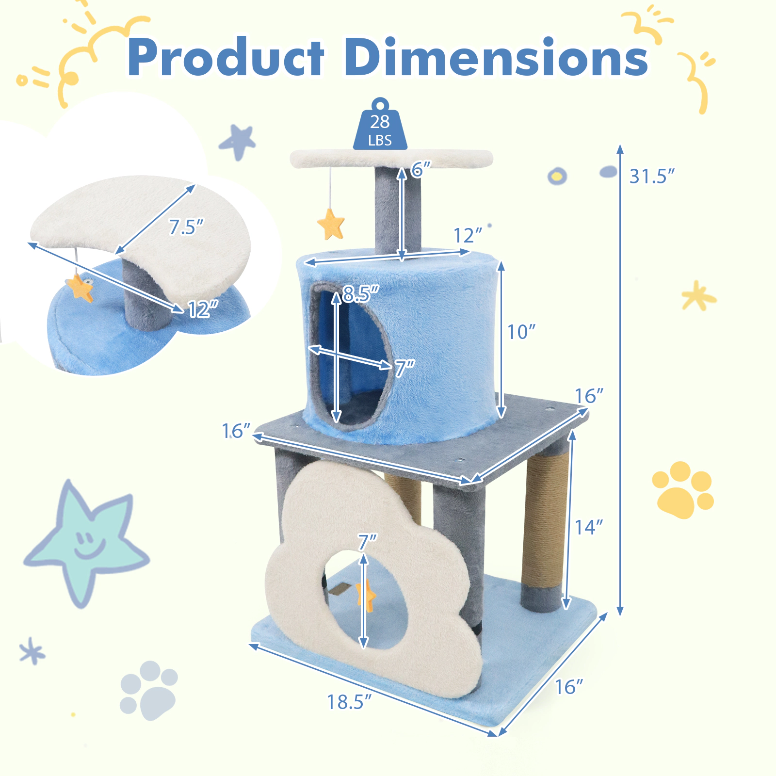 SUGIFT 31.5-in Blue Multi-Level Kitten Cat Tree Tower with Cloud Cave Moon Top Perch and 33-lb Condo