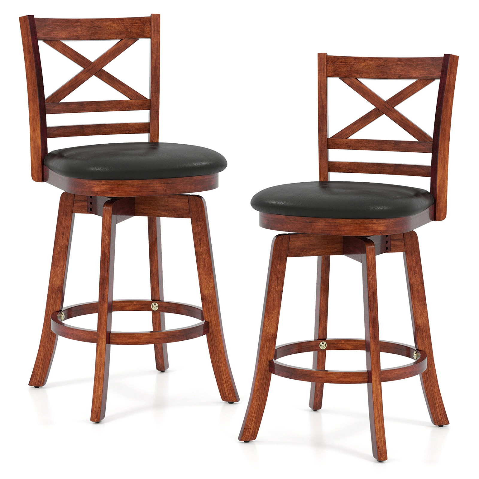 SUGIFT Set of 2 24-Inch Counter-Height Swivel Bar Stools, Rubberwood, Backrest and Footrest