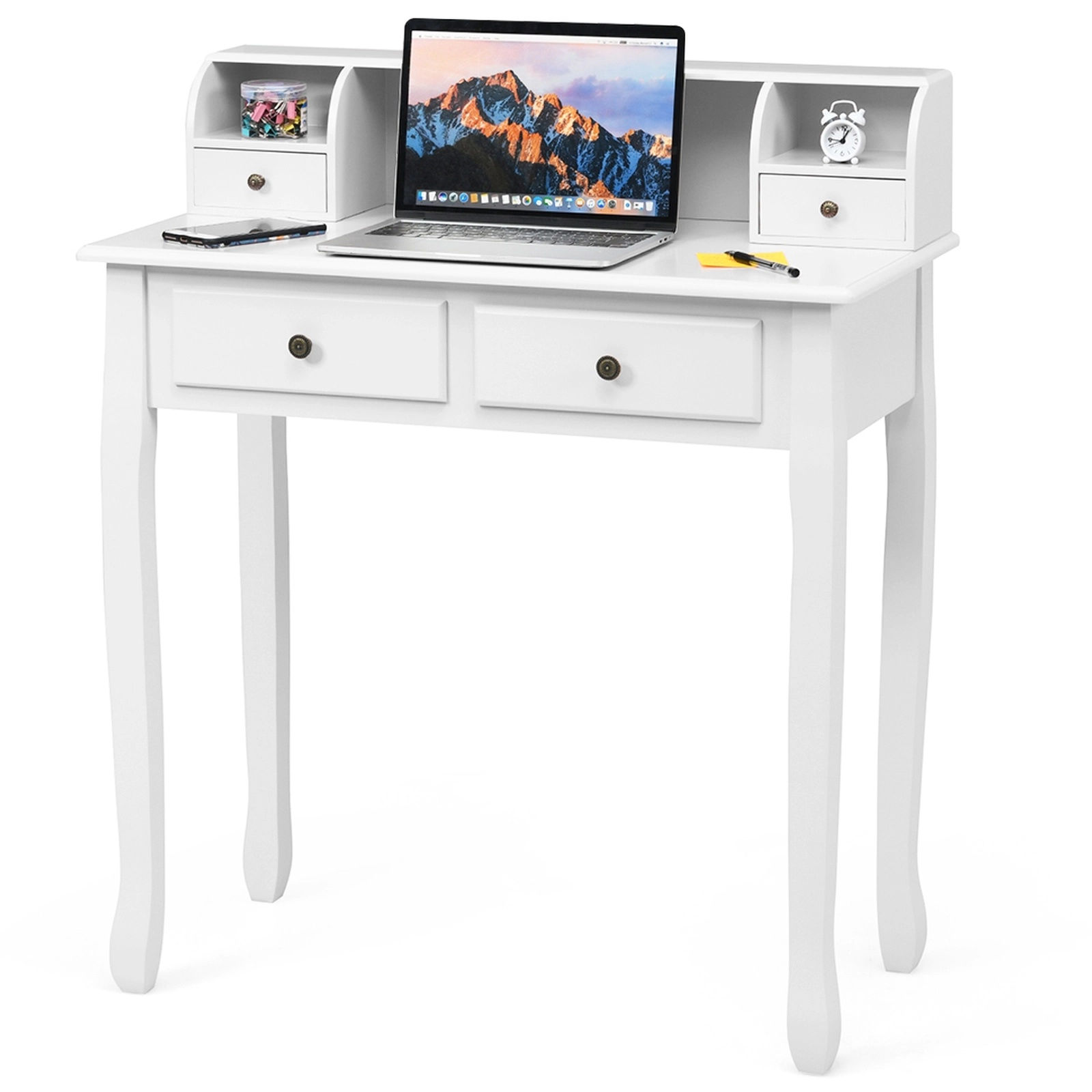 SUGIFT 31.5 in Writing Desk White 2-Tier Vanity Desk with 4 Drawers and Hutch