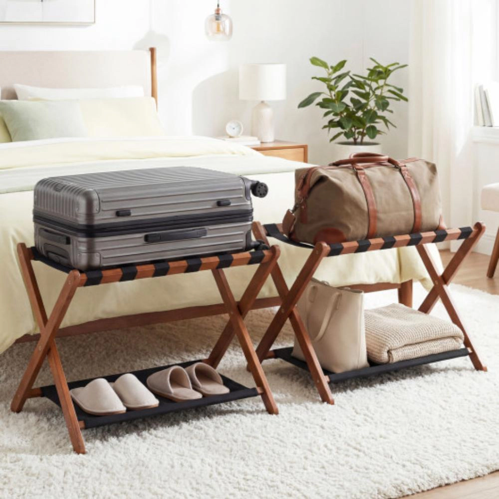 Hivvago Wooden Folding Luggage Rack Set with Nylon Shelves