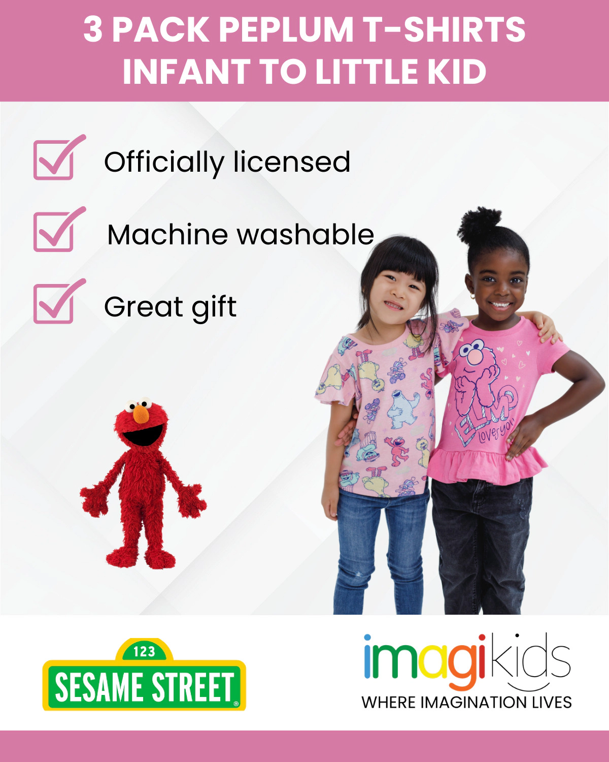 Sesame Street Girls' 3-Pack Short Sleeve Tees