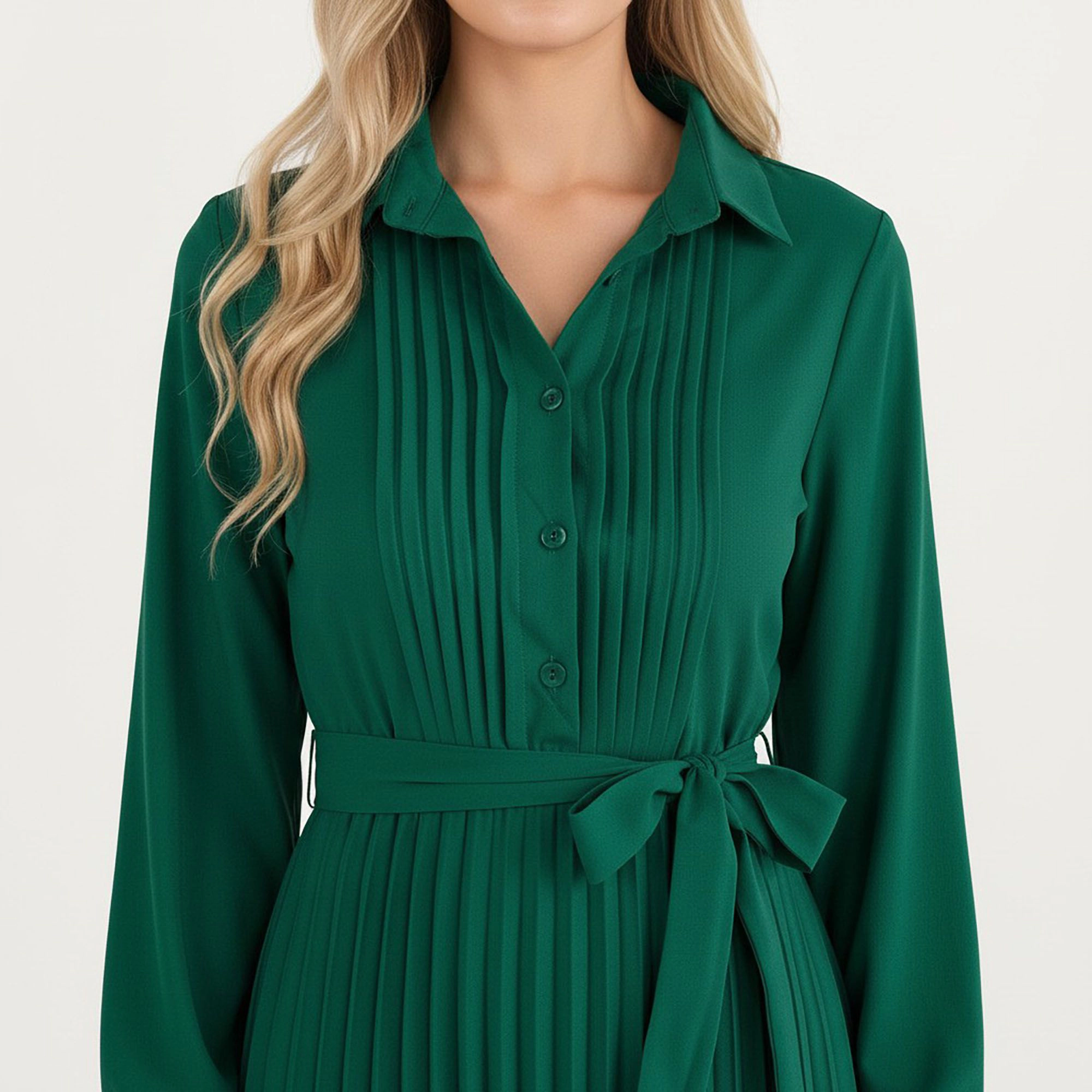 Anna-Kaci Women's Pleated Button Down Front Long Sleeve Waist Tie Midi Dress