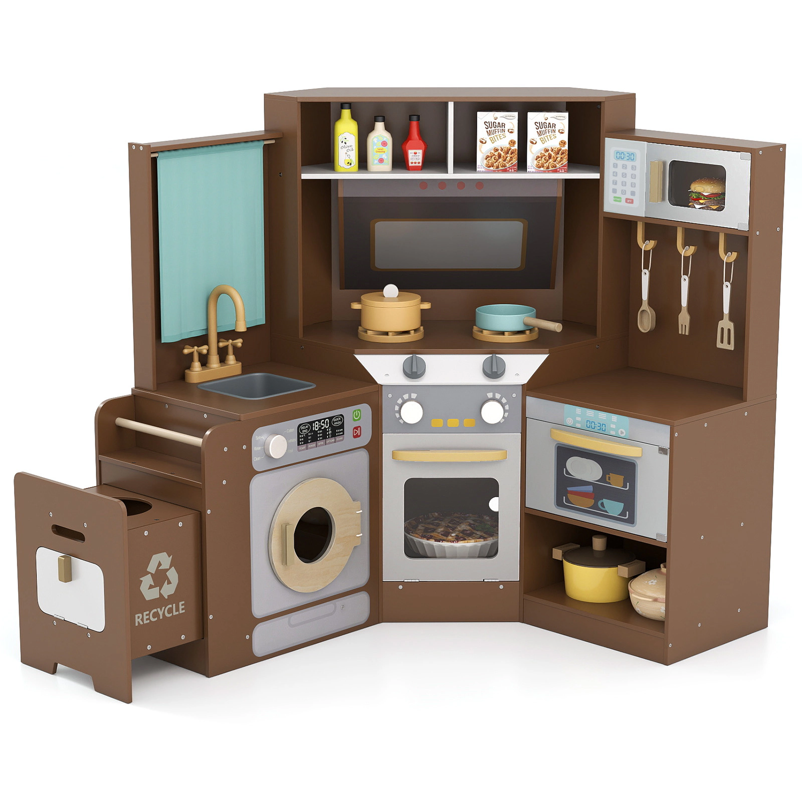 SUGIFT Corner Kitchen Toys with Lights and Sounds with Pull-Out Trash Can and Stoves Ages 3+ Off White/Coffee/Pink