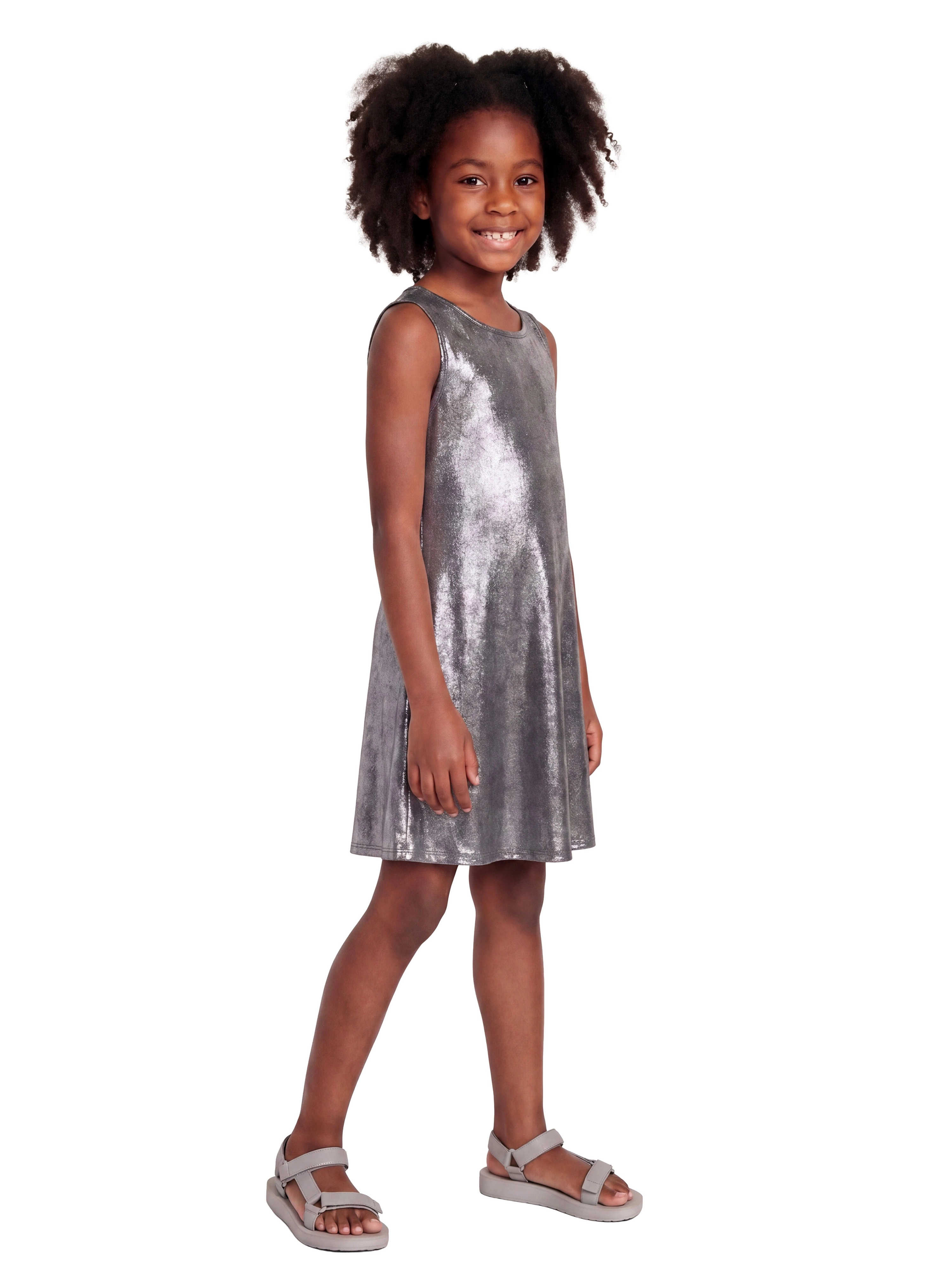24sevenKid Essential Girls Black Shimmery Metallic Sleeveless A Line Dress