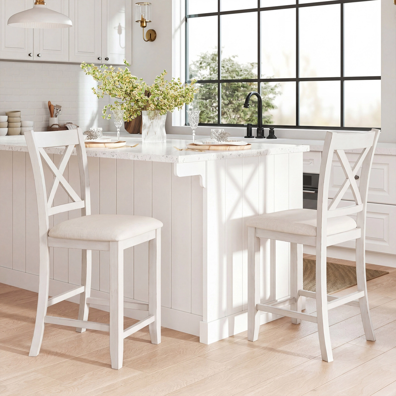 SUGIFT Slatted Back and Linen Cushion Set of 2 Modern Farmhouse Counter Height Stool
