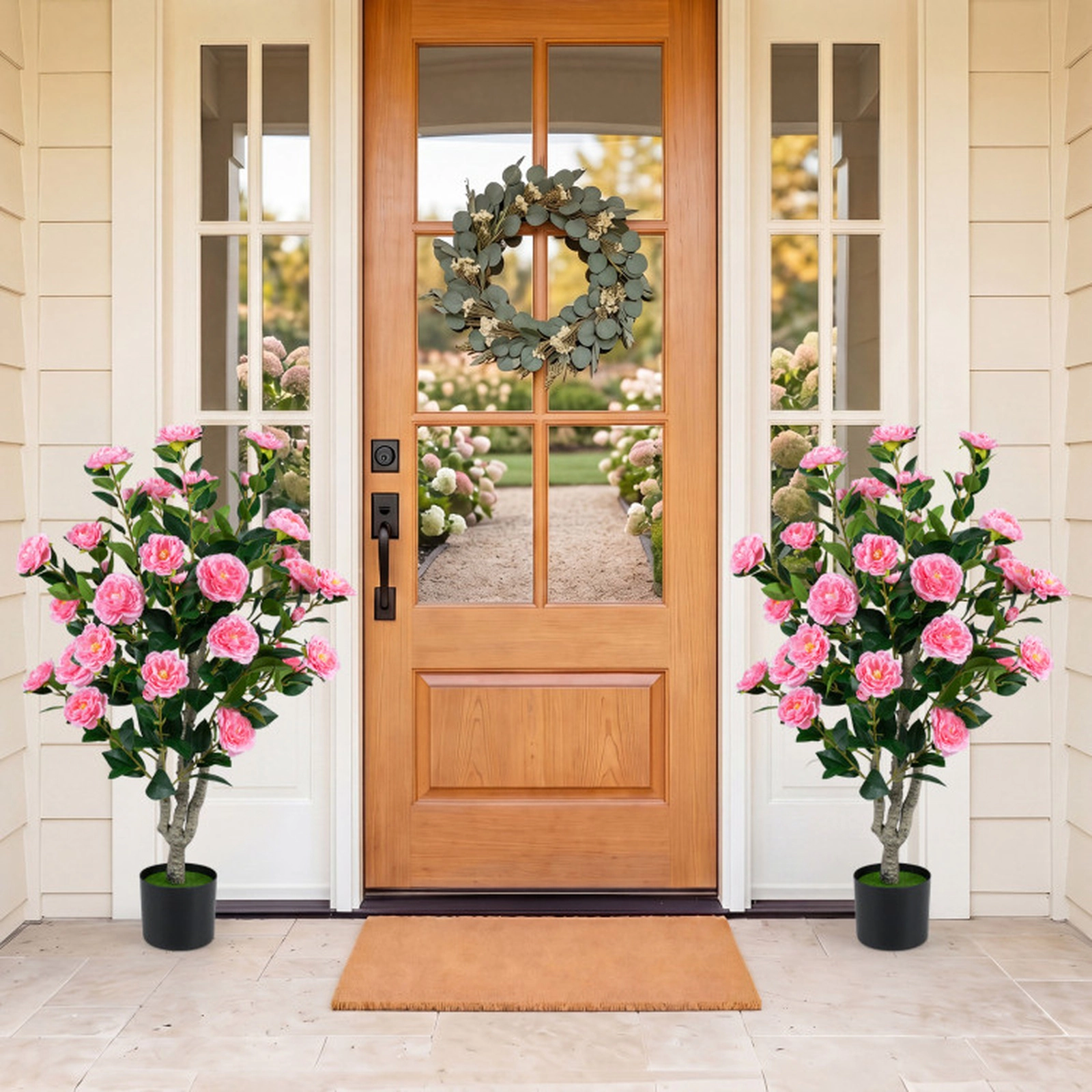 SUGIFT 39.5-in Cement-Filled Pot Silk Blossoms PE Trunk Artificial Camellia Tree 6-in x 5-in Pot 6.5-lb Pink