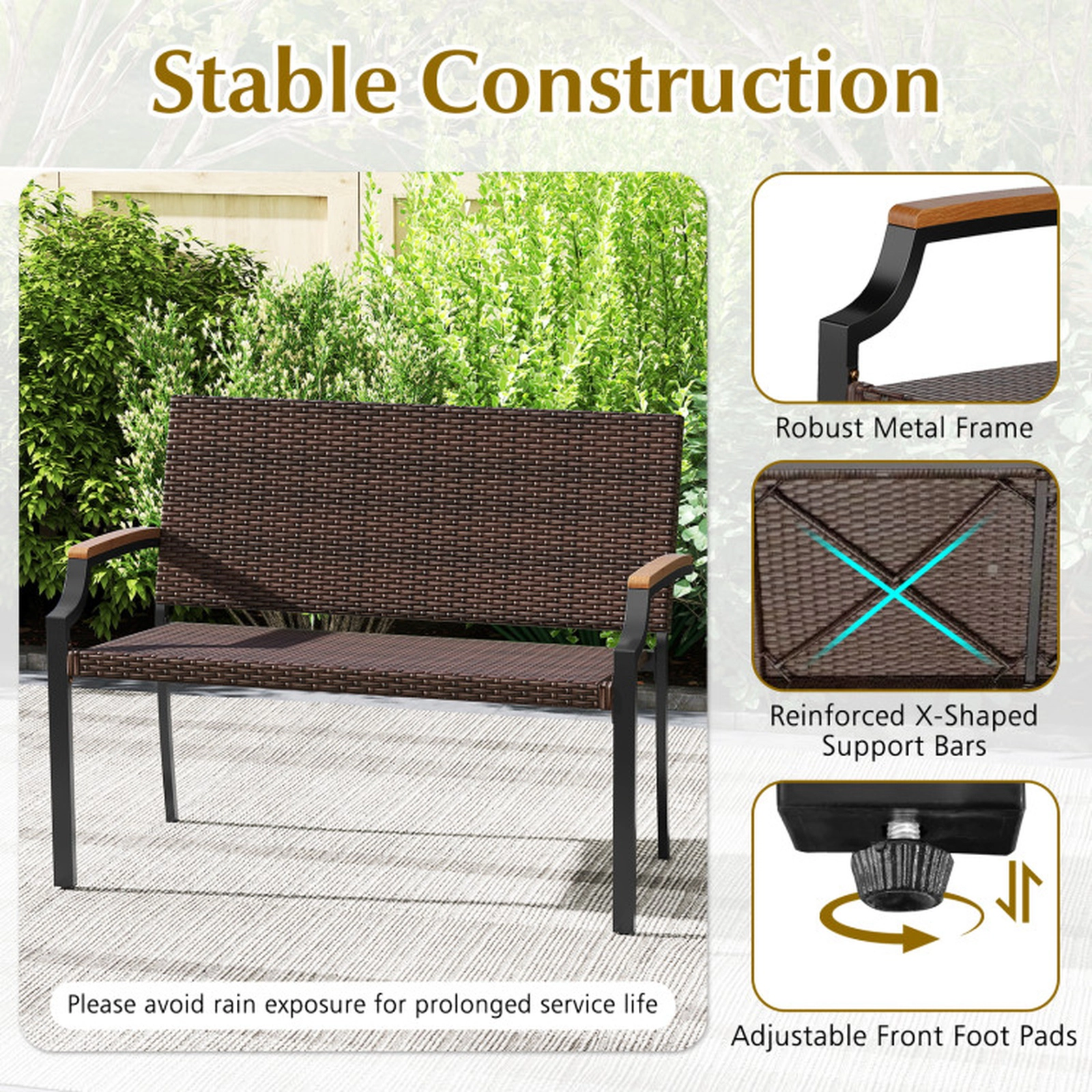 SUGIFT Natural Acacia Wood Armrests and Coated Metal Frame Patio Wicker Loveseat