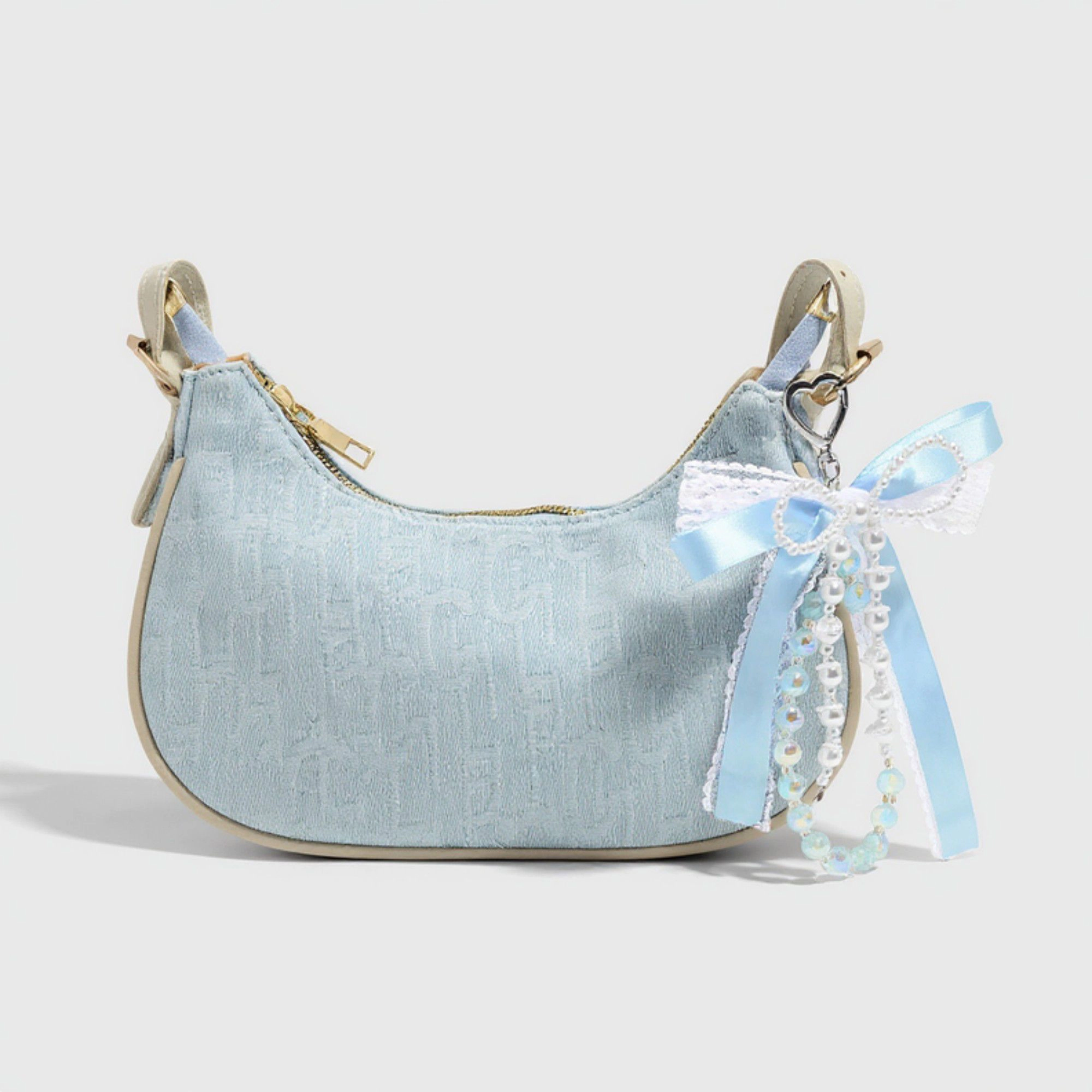 Alilang Women's Blue Ribbon Keychain with Pearl Bow and Iridescent Beaded Star Charms
