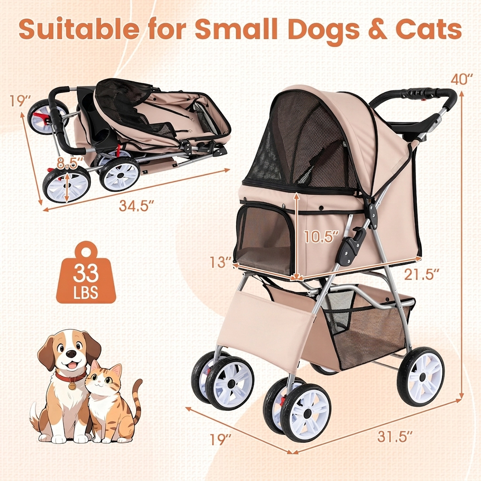 SUGIFT Beige 4-Wheel 33-lb Capacity Folding Pet Stroller for Small Dogs and Cats with Cup Holder and Basket