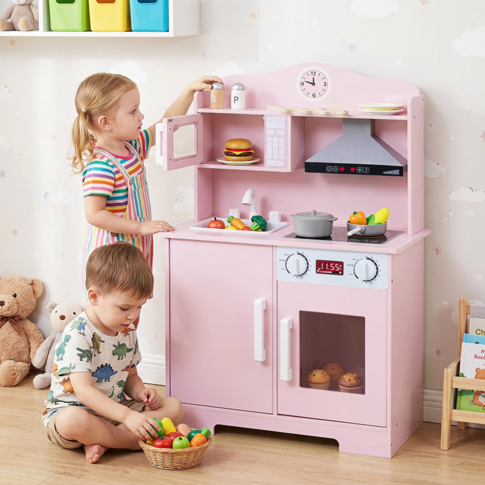 SUGIFT Multi-Functional Wooden Play Kitchen Set with Range Hood and Microwave Ages 3+ Pink with Utensils