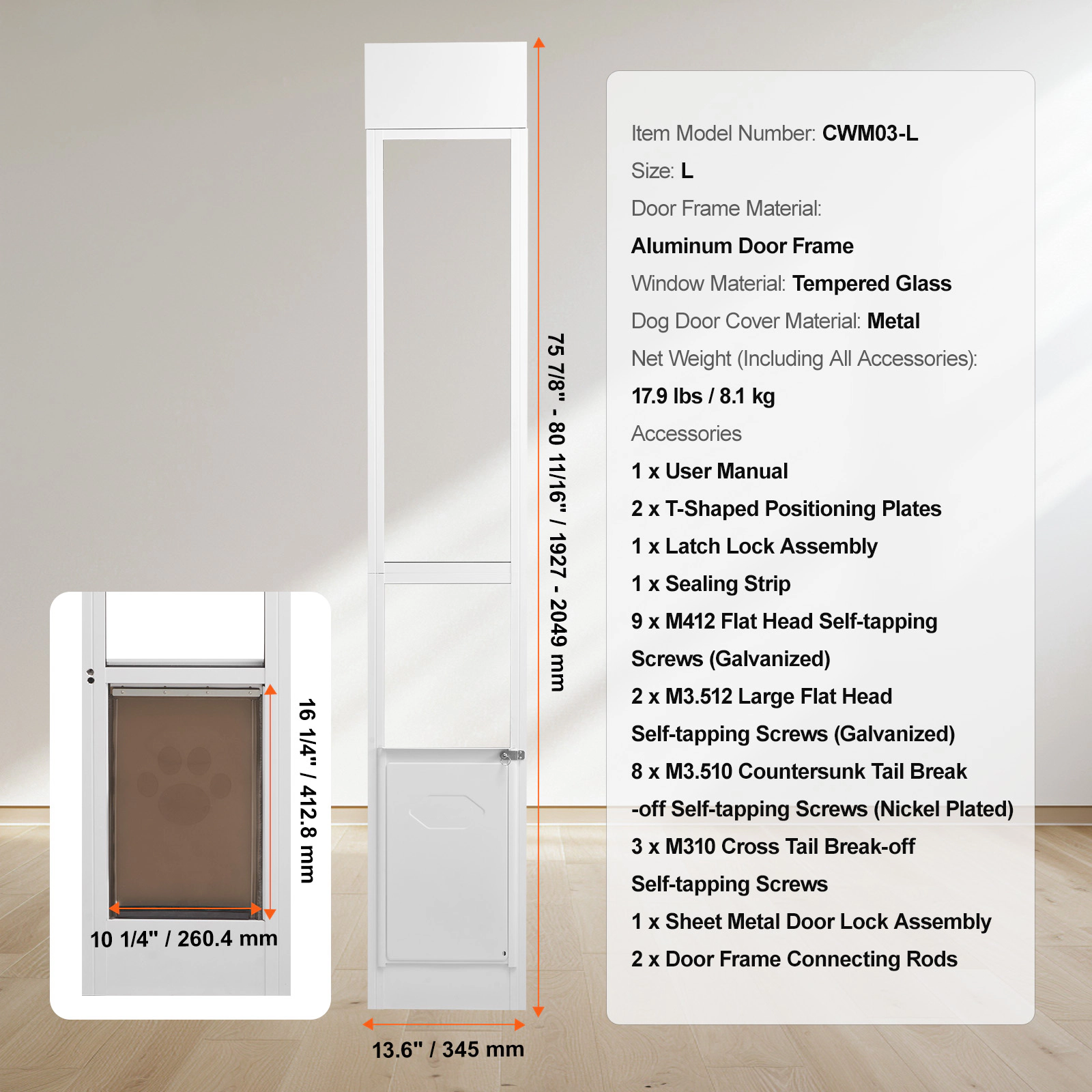 HONGGE Sliding Glass Dog Door for Medium Dogs, 10x16 Inch Flap, Aluminum Frame, Tempered Glass Window, Lock