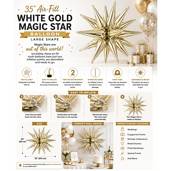 LoonBalloon 35 in Gold Magic Star Air-Fill Foil Balloon, Color: Gold ...