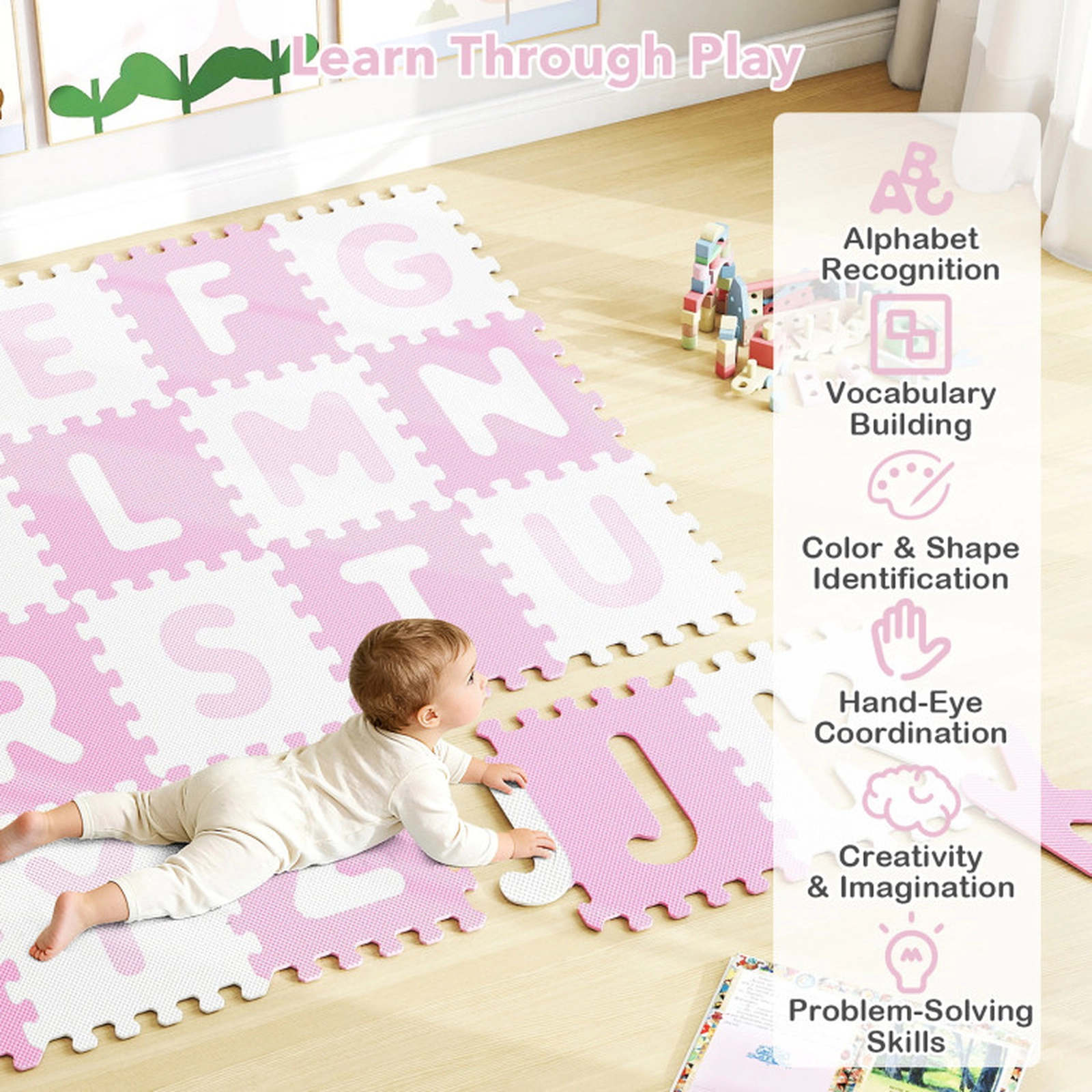 SUGIFT Kids Pink 26-Piece Interlocking Alphabet Foam Play Mat with Detachable Letters 12.5-in W 12.5-in D 0.4-in H