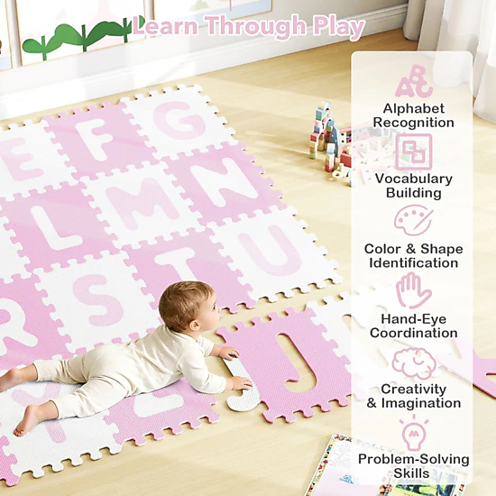 SUGIFT Kids Pink 26-Piece Interlocking Alphabet Foam Play Mat with Detachable Letters 12.5-in W 12.5-in D 0.4-in H
