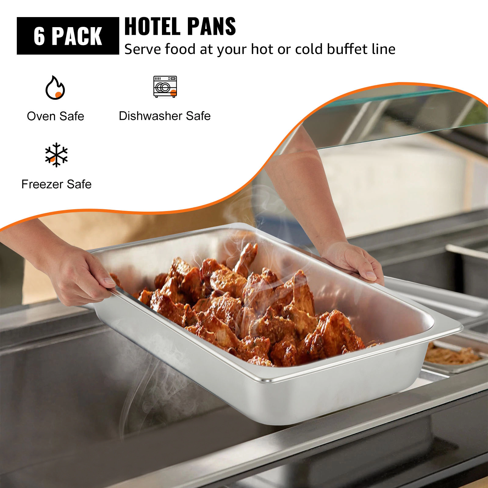 HONGGE 6 Pack Steam Table Pans Deep Pan Full Food Container Stainless Steel Oven Tray Hotel