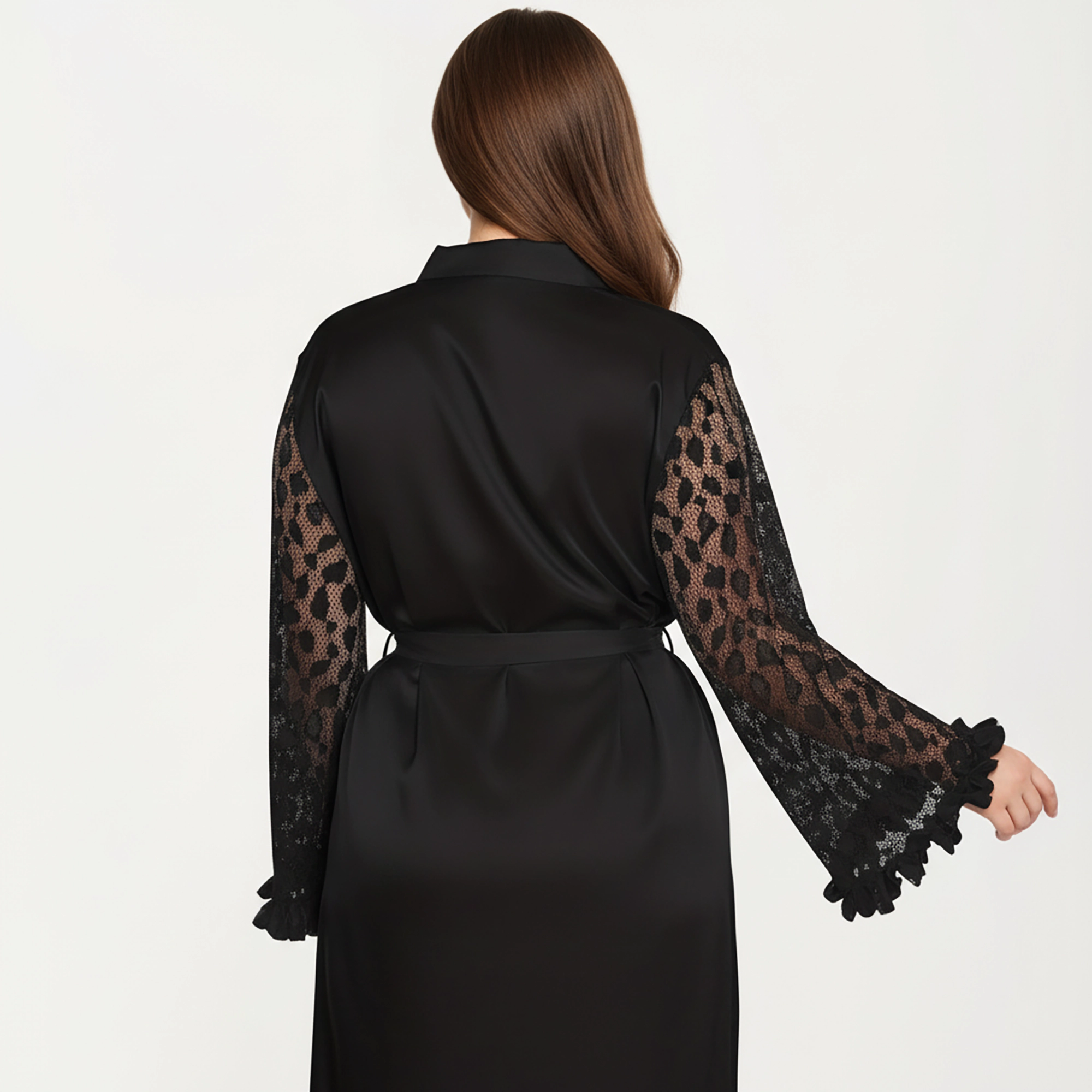 Anna-Kaci Women's Plus Satin Robe with Sheer Floral Lace Sleeves Ruffled Cuffs and Adjustable Waist Tie