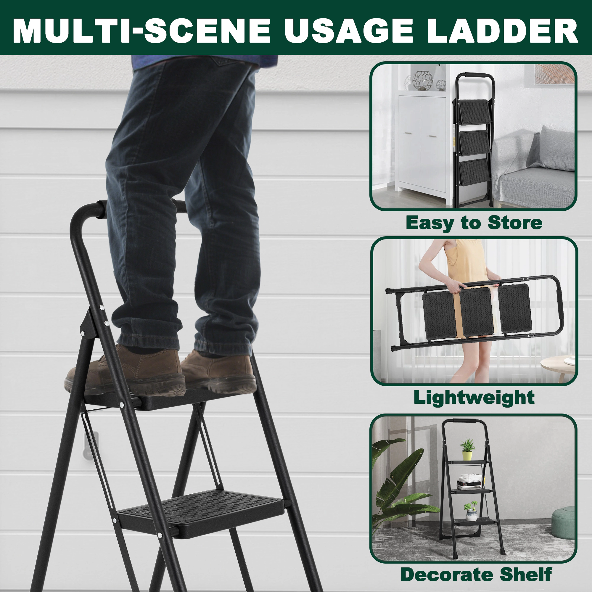 Flynama 3 Step Ladder- 330lb Capacity Steel Foldable Step Stool (Black)