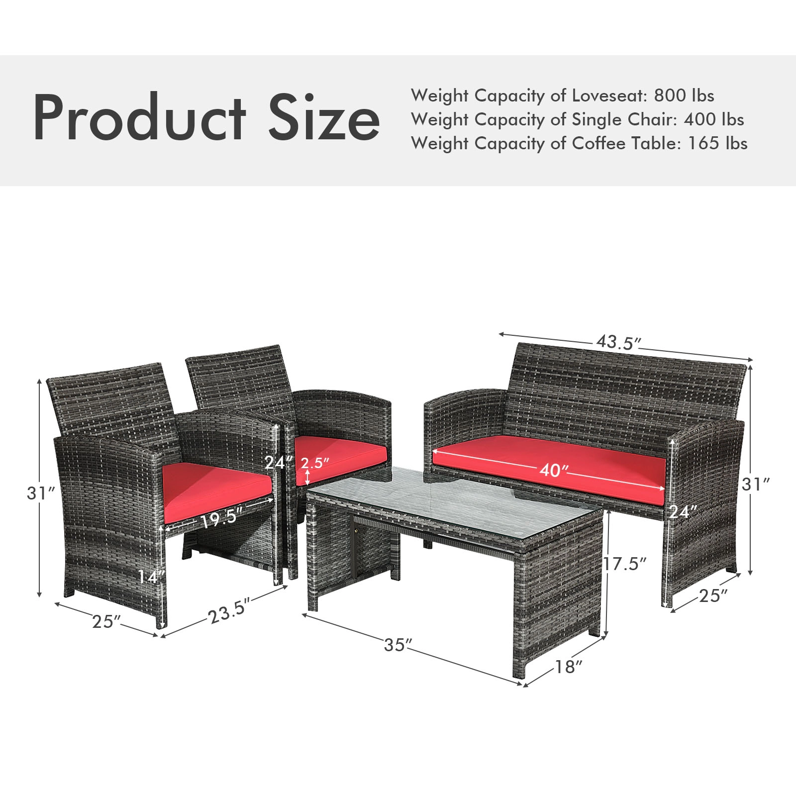 SUGIFT Loveseat 2 Chairs and Glass Table 4-Piece Patio Rattan Conversation Set