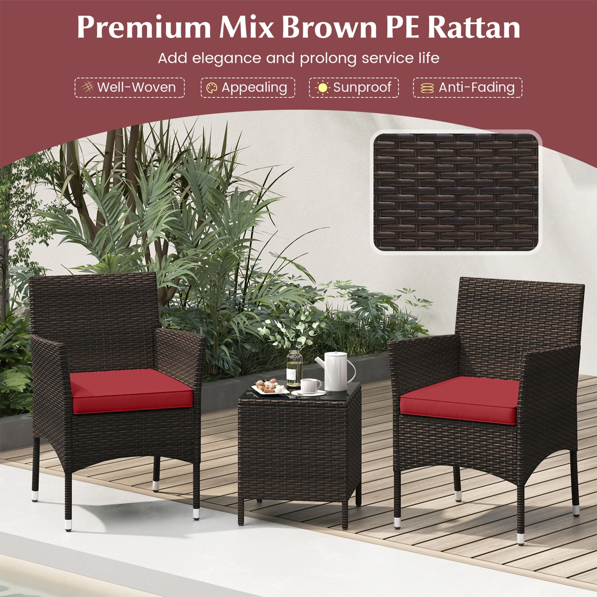 SUGIFT 3-Piece Outdoor PE Rattan Conversation Set with Cushions and Glass Tabletop 400-lb Chair Capacity Red