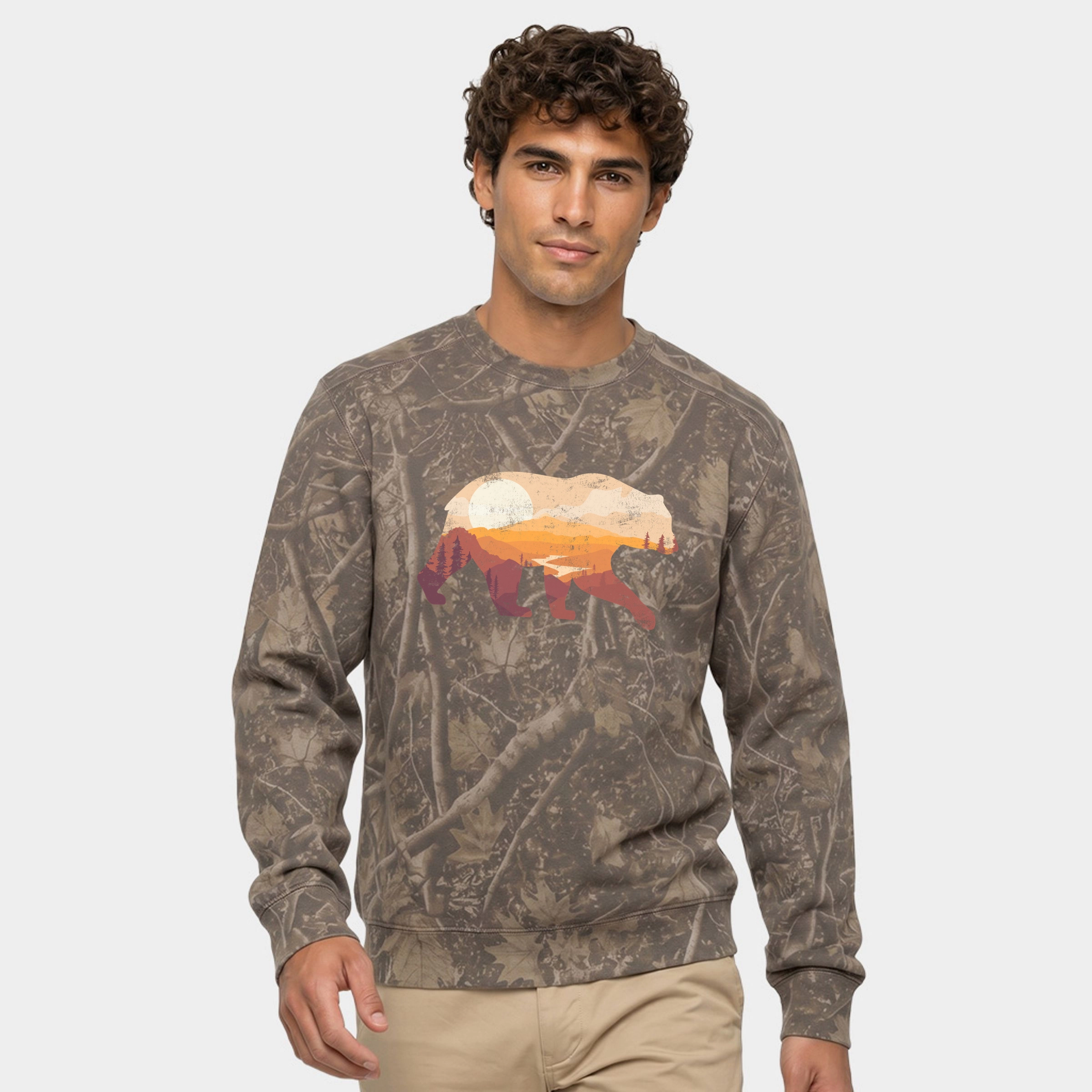 Simply Sage Market - Men's Camo Sweatshirt Bear Sunset Valley