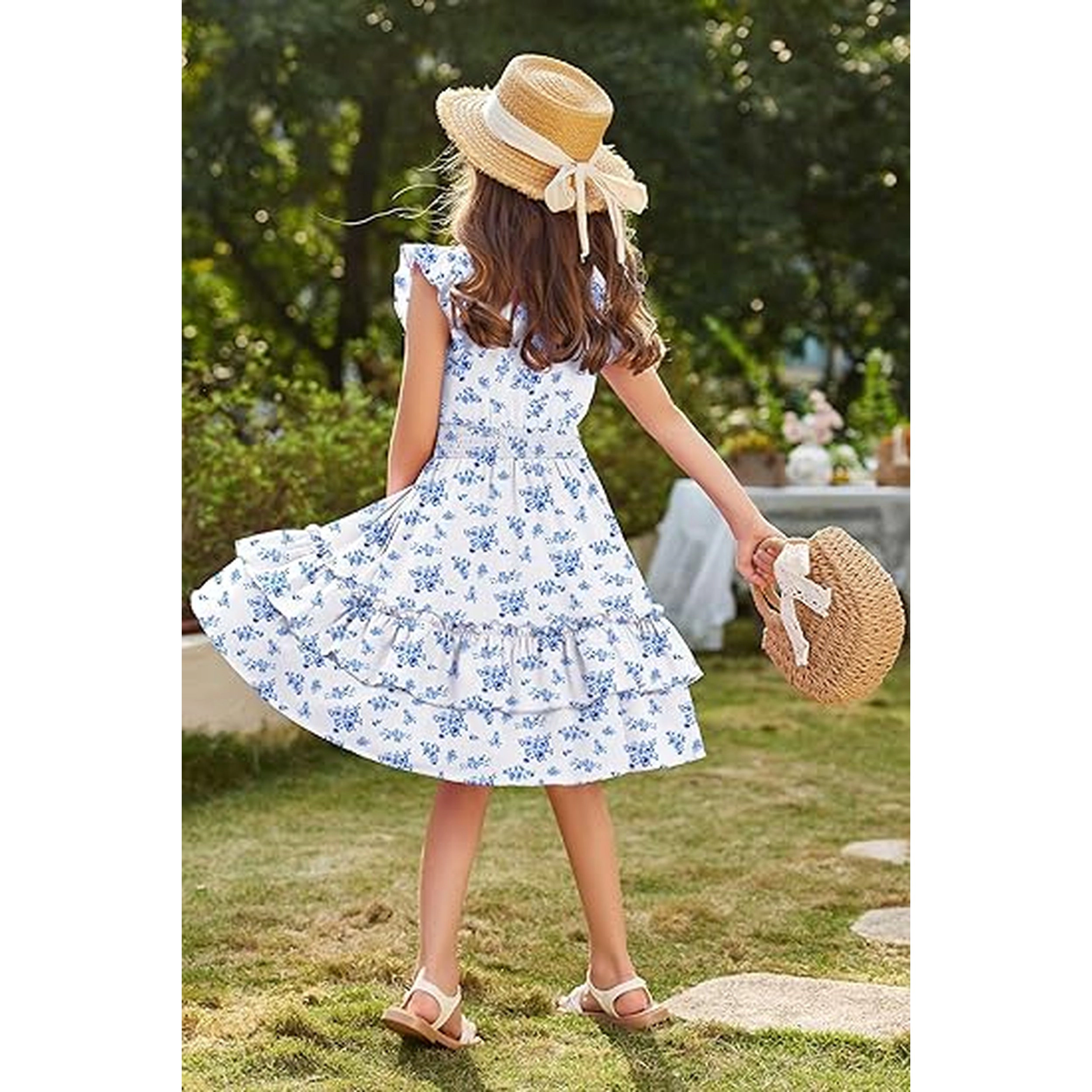 Arshiner Girls Dresses Flutter Sleeve Aline Sundress Casual Summer Tiered Swing Midi Pocket Dress