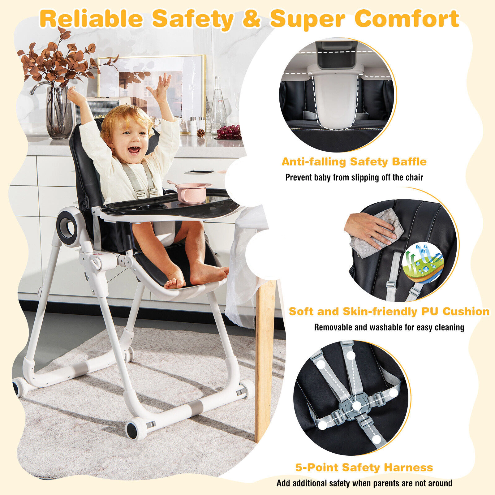 SlickBlue Black Adjustable Baby High Chair with Folding Design, Double Tray