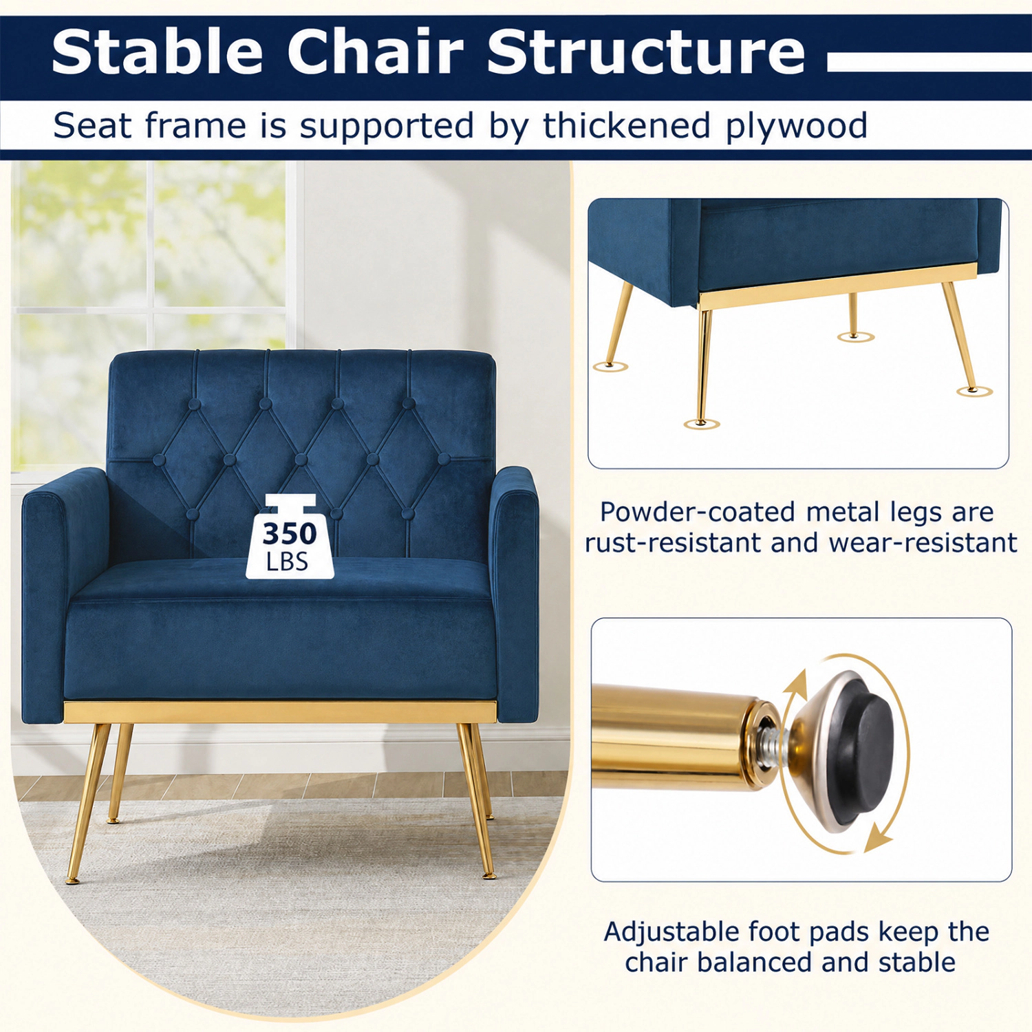 LJG Modern Velvet Upholstered Accent Chair with Button-Tufted Back and Adjustable Feet