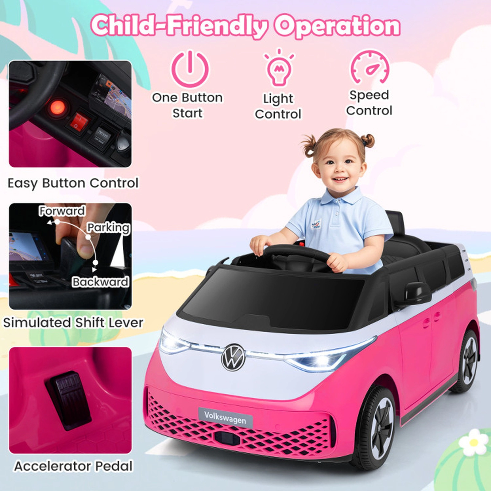 SUGIFT 12V Pink Kids Ride-On Bus with Licensed Volkswagen Body Music LED Headlights and Remote Control