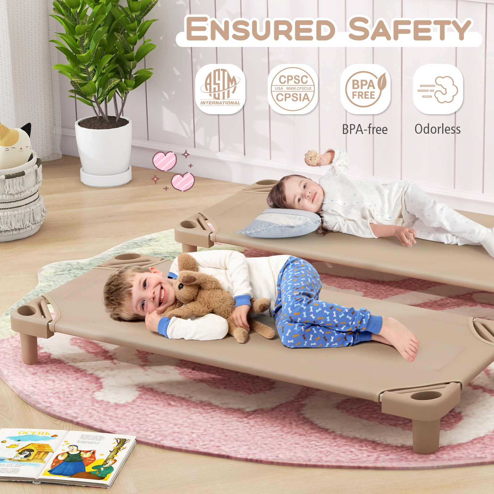 SUGIFT Stackable Kids Daycare Cot Pack of 6 Toddler Beds Detachable Oxford Fabric 132-lb Capacity Ages 3-6 51-in Beige