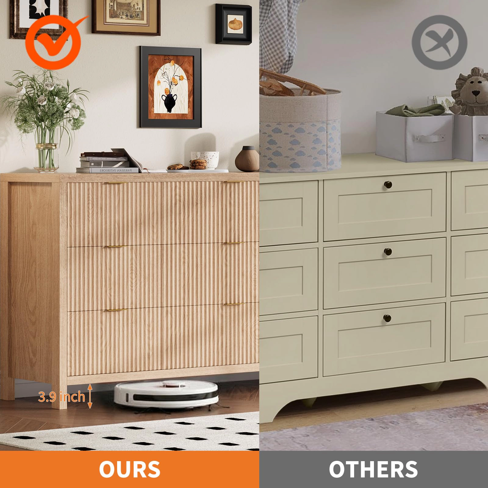 58.5" Wide Fluted 9 Drawer Dresser, Mid-Century Wood Storage Chest for Bedroom