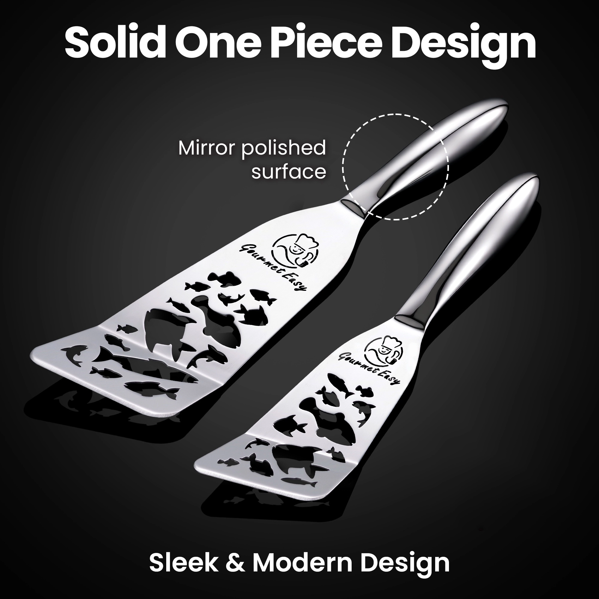 Gourmet Easy Stainless Steel Fish Spatula Set – 1 Large + 1 Small Metal Spatula (Funky Fish Editon)