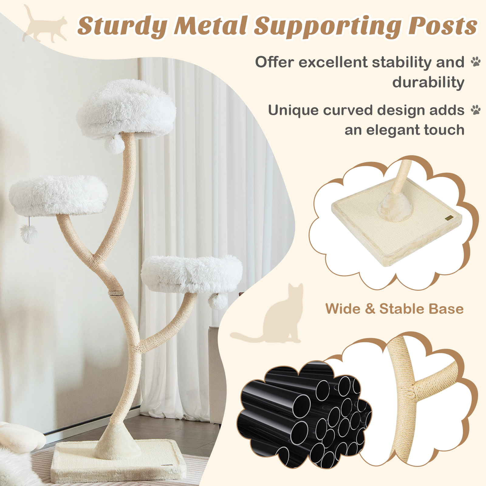 SUGIFT 70-in Tall Cat Tree Tower with Curved Metal Frame Three 16-in Round Perches and Sisal Posts