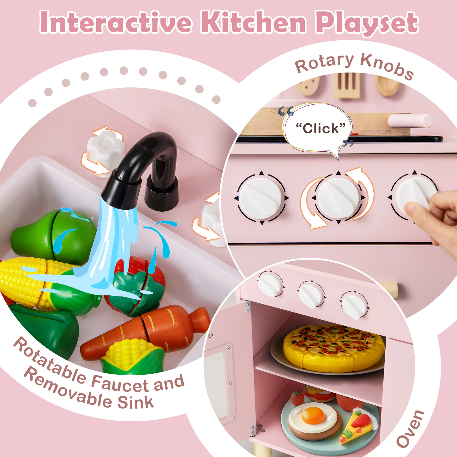 Kitchen Set for Kids Dual Light-Up Stoves Removable Sink Storage 22-in Wooden Play Kitchen Pine Wood Legs Ages 3+ Pink