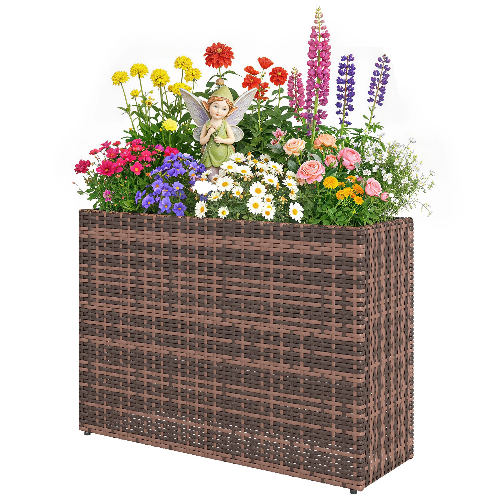 HONGGE Tall Rectangular Planter with Removable Liner Holes PE Wicker Large Box for Indoor Outdoor Plants