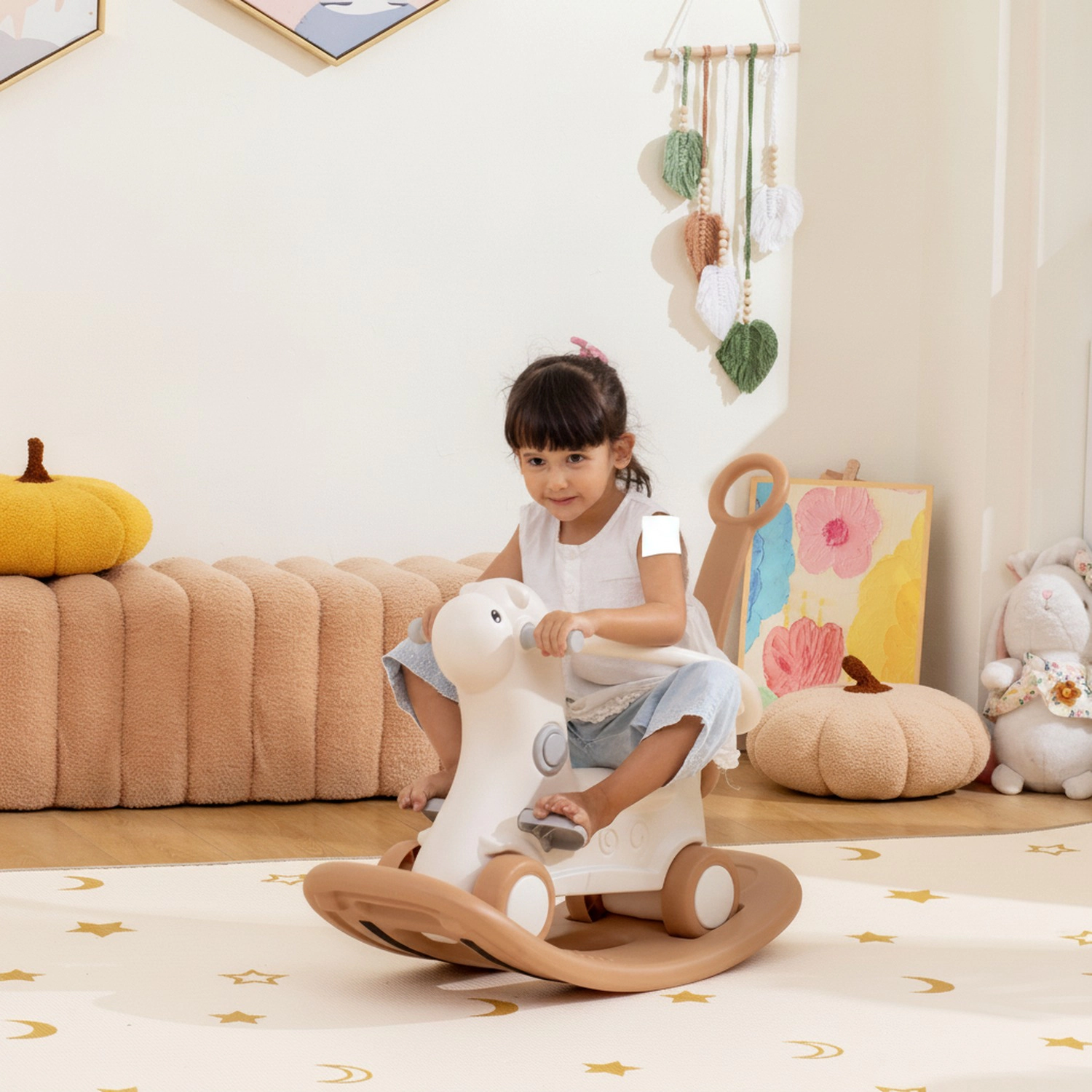 HONGGE 4-in-1 Alpaca Rocking Horse with Balance Board and Push Handle, HDPE Toy for Toddlers Ages 1-3