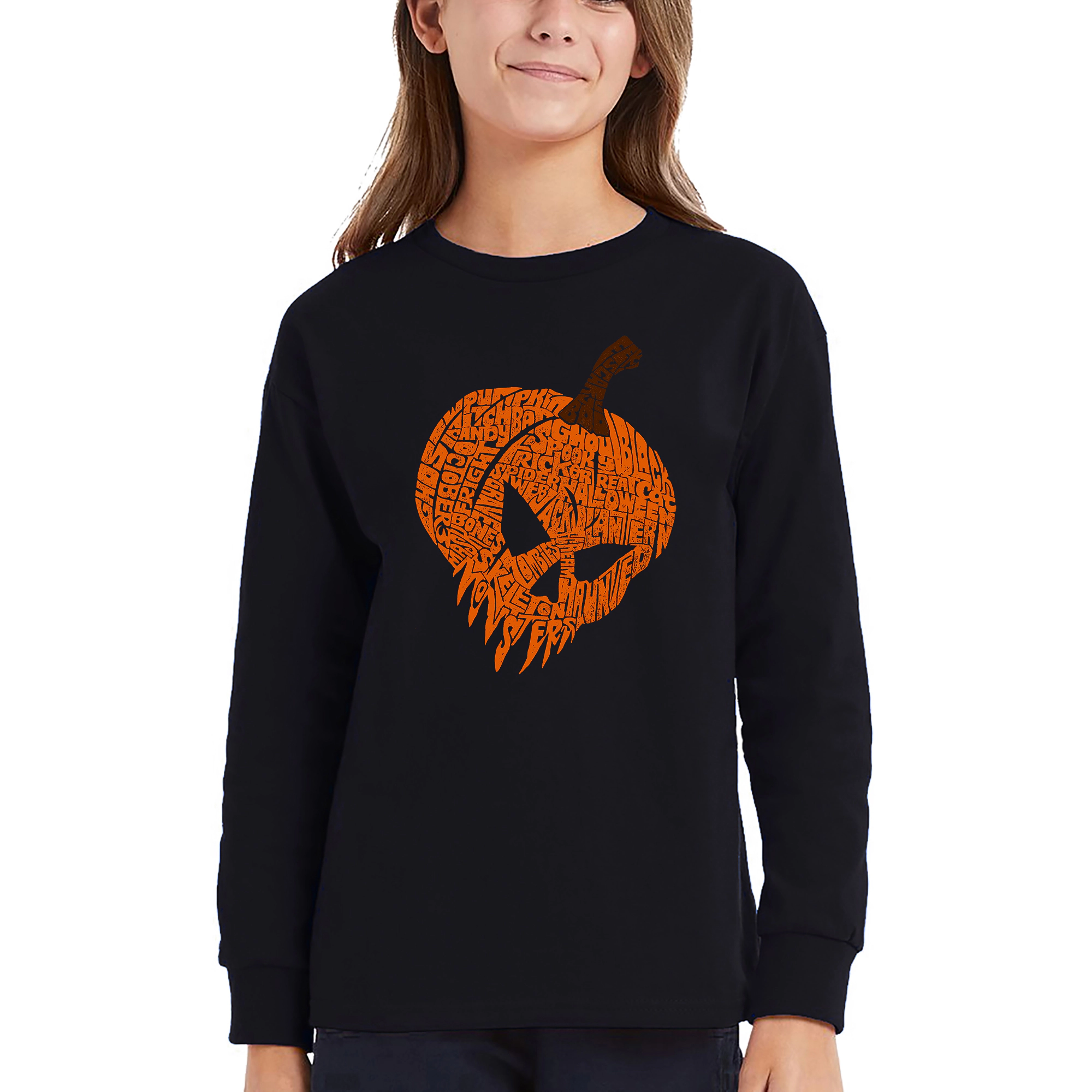 LA Pop Art Girls Long Sleeve Word T-Shirt - Evil Pumpkin
