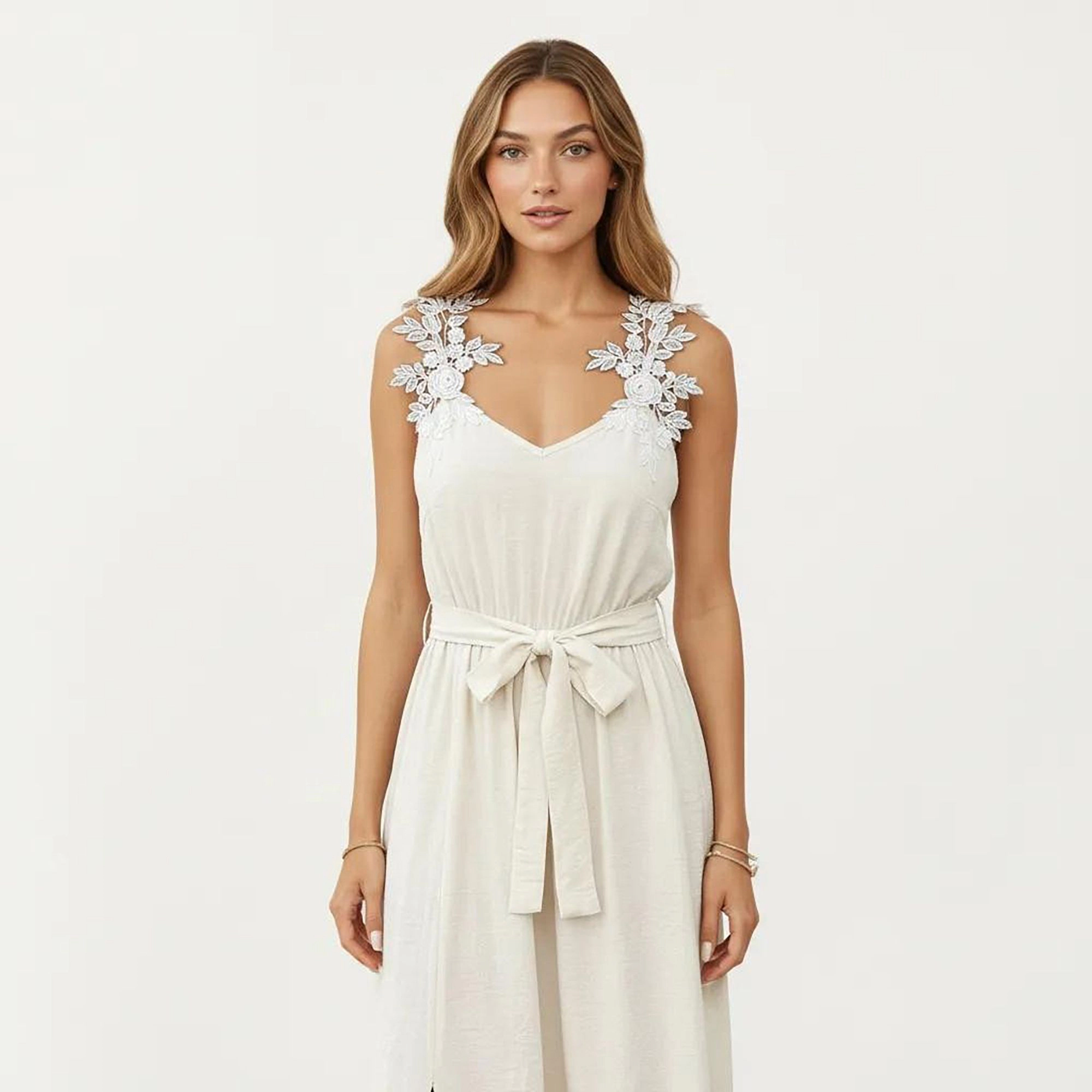 Anna-Kaci Womens Sleeveless V-Neck Maxi Dress with Floral Applique Straps