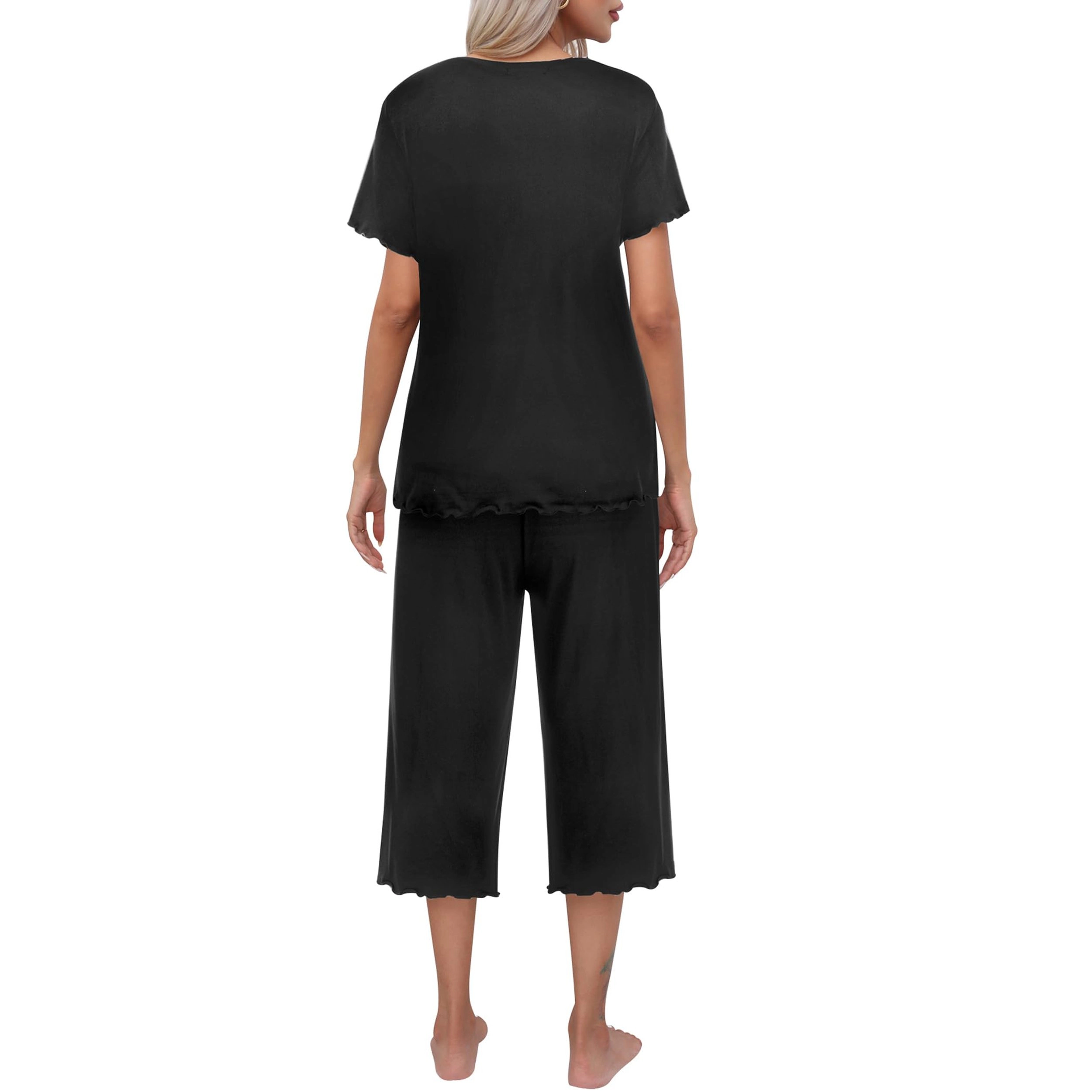 Ekouaer Women's Lettuce-Trim Short Sleeve Top & Capri Pajama Set