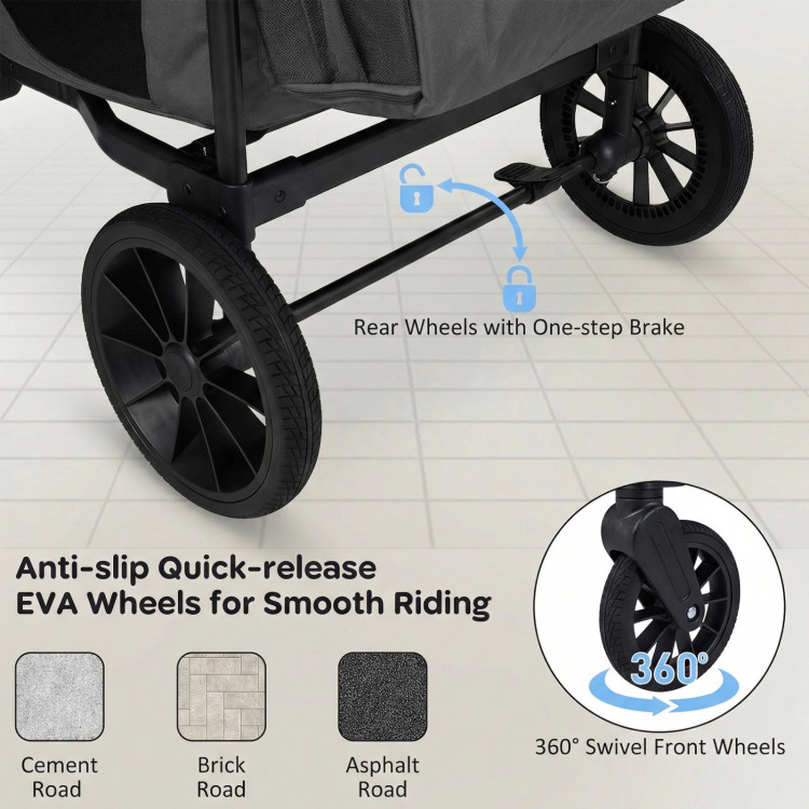 SUGIFT Foldable 4-Seater Push-Pull Wagon Stroller 35-lb Capacity Ages 6-36 Months Black/Gray