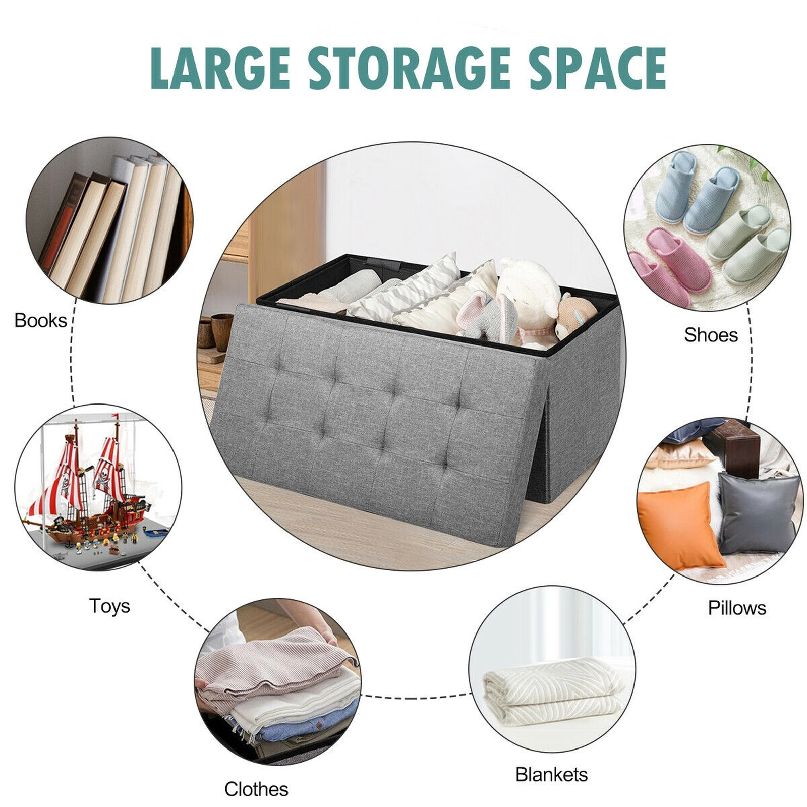 SUGIFT 31.5-Inch Dark Grey Folding Storage Ottoman Bench with Removable Bin
