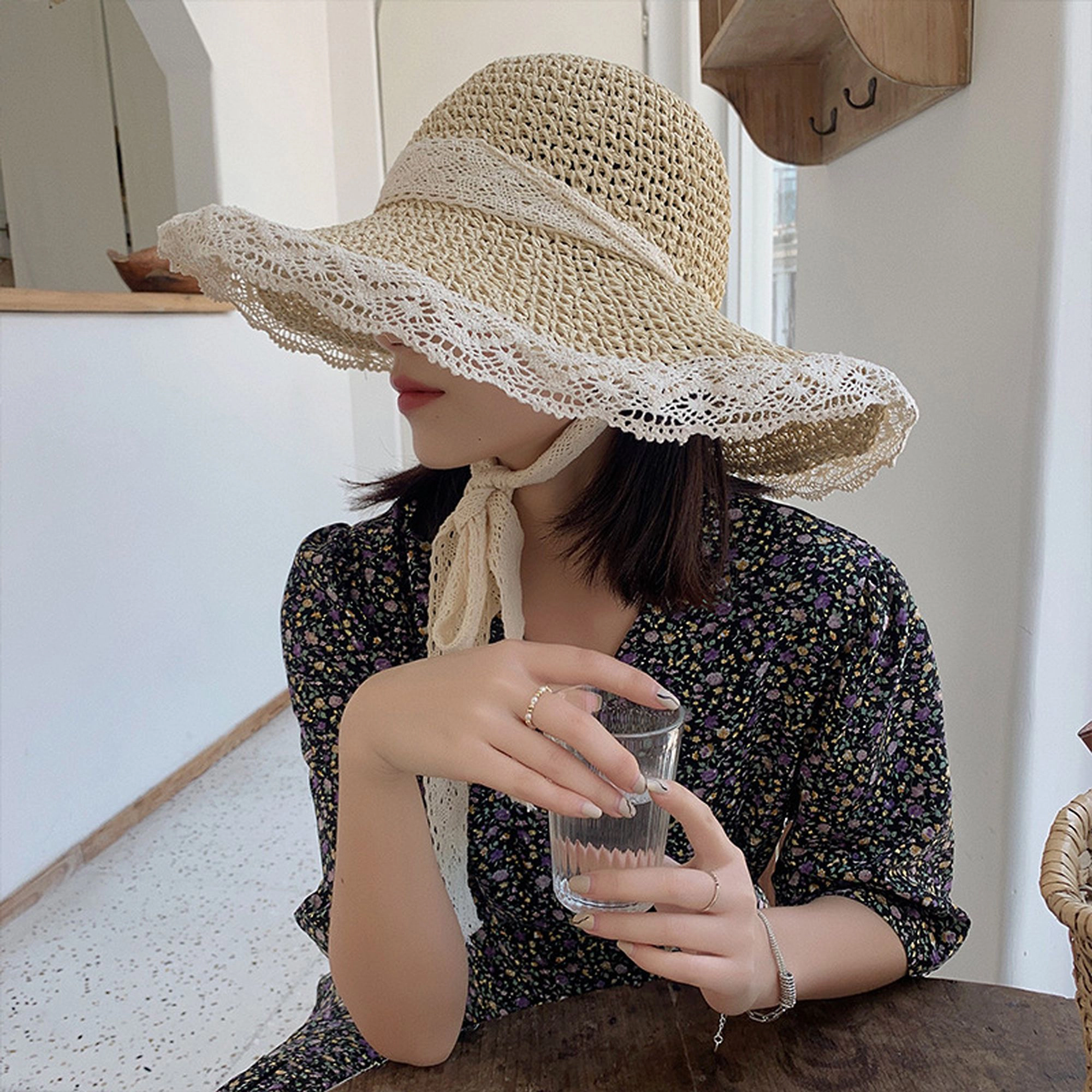 Anna-Kaci Women's Crochet Straw Sun Hat with Lace Trim & Bow