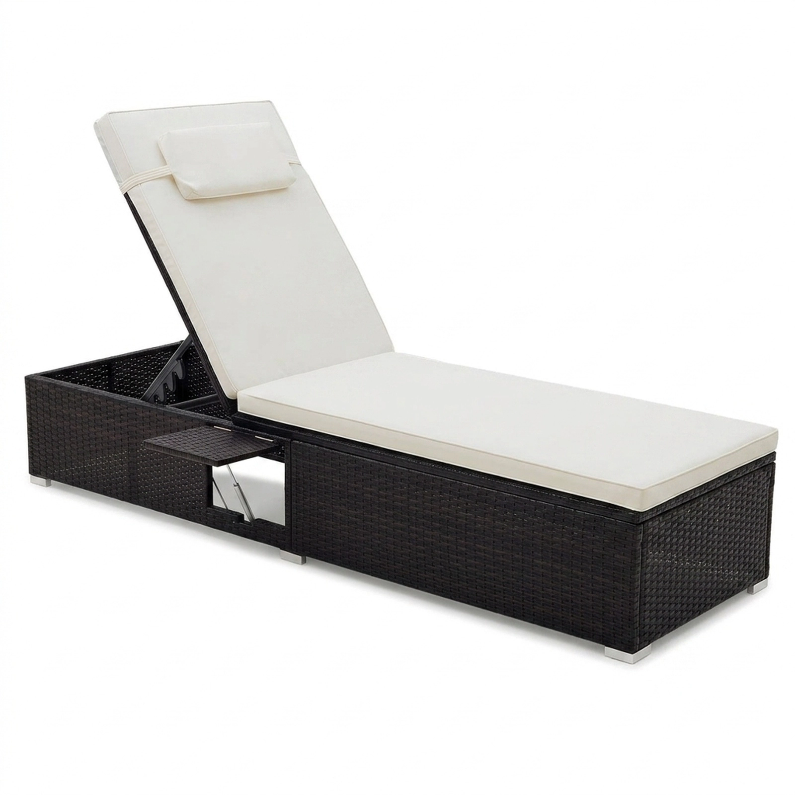 SUGIFT 400-lb Capacity White 6-Level PE Rattan Wicker Outdoor Chaise Lounge with Foldable Side Table