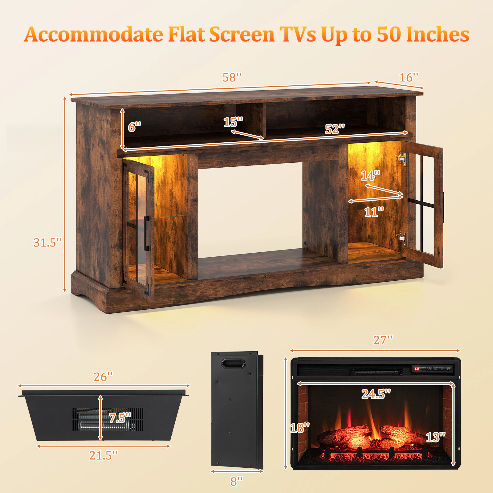 LJG Fireplace TV Stand with Remote Controls and Thermostat for TVs up to 50 Inch