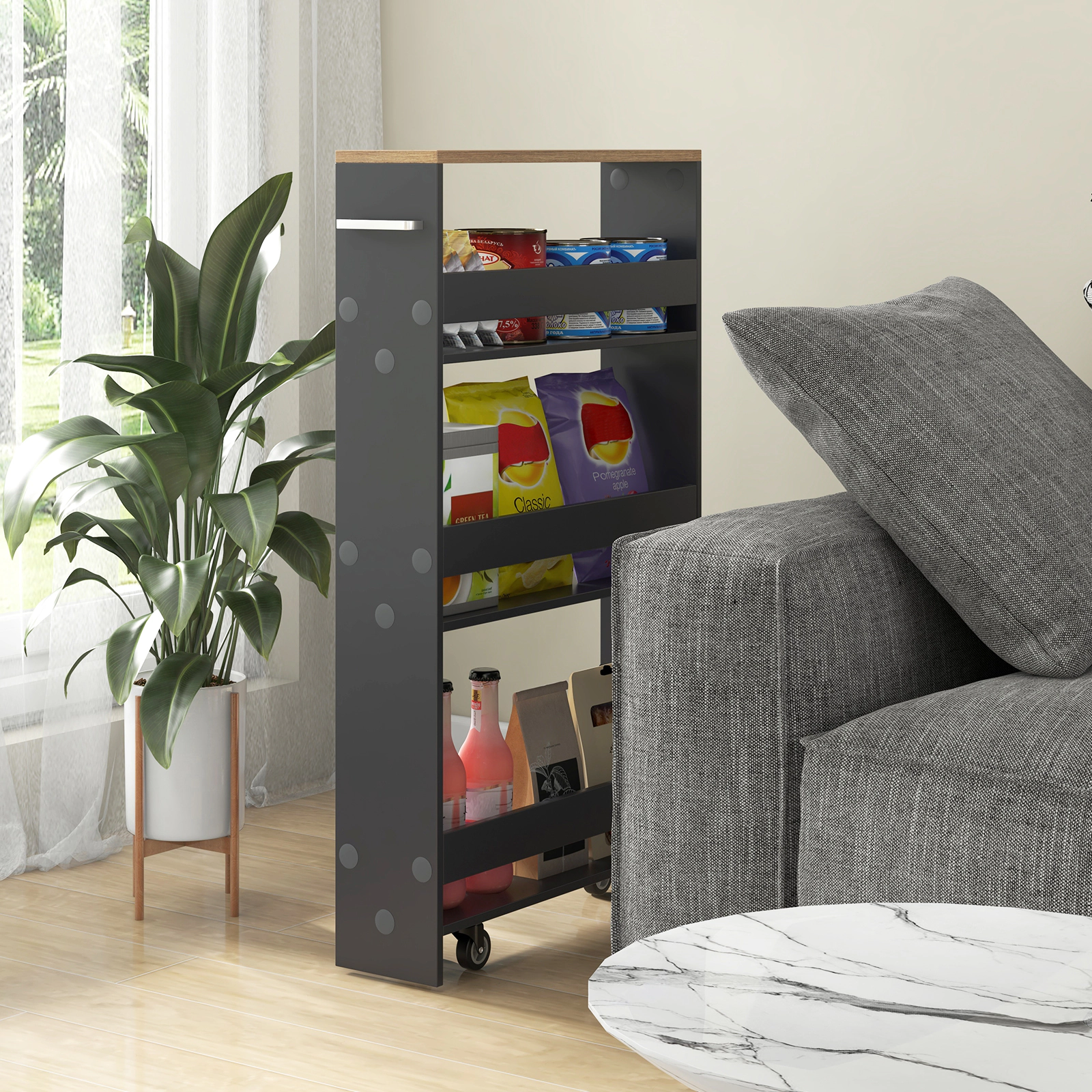 SUGIFT Slim Rolling Kitchen Storage Cart Mobile Shelving Organizer with Handle 22-lb Bottom Shelf Capacity 3-Tier Gray