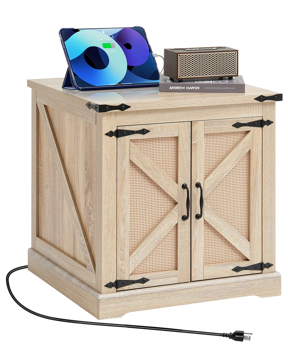 HONGGE Rattan Coffee Table Rectangle PE Rattan Woven Wood Coffee Table with Modern Boho Style Storage Coffee Table with
