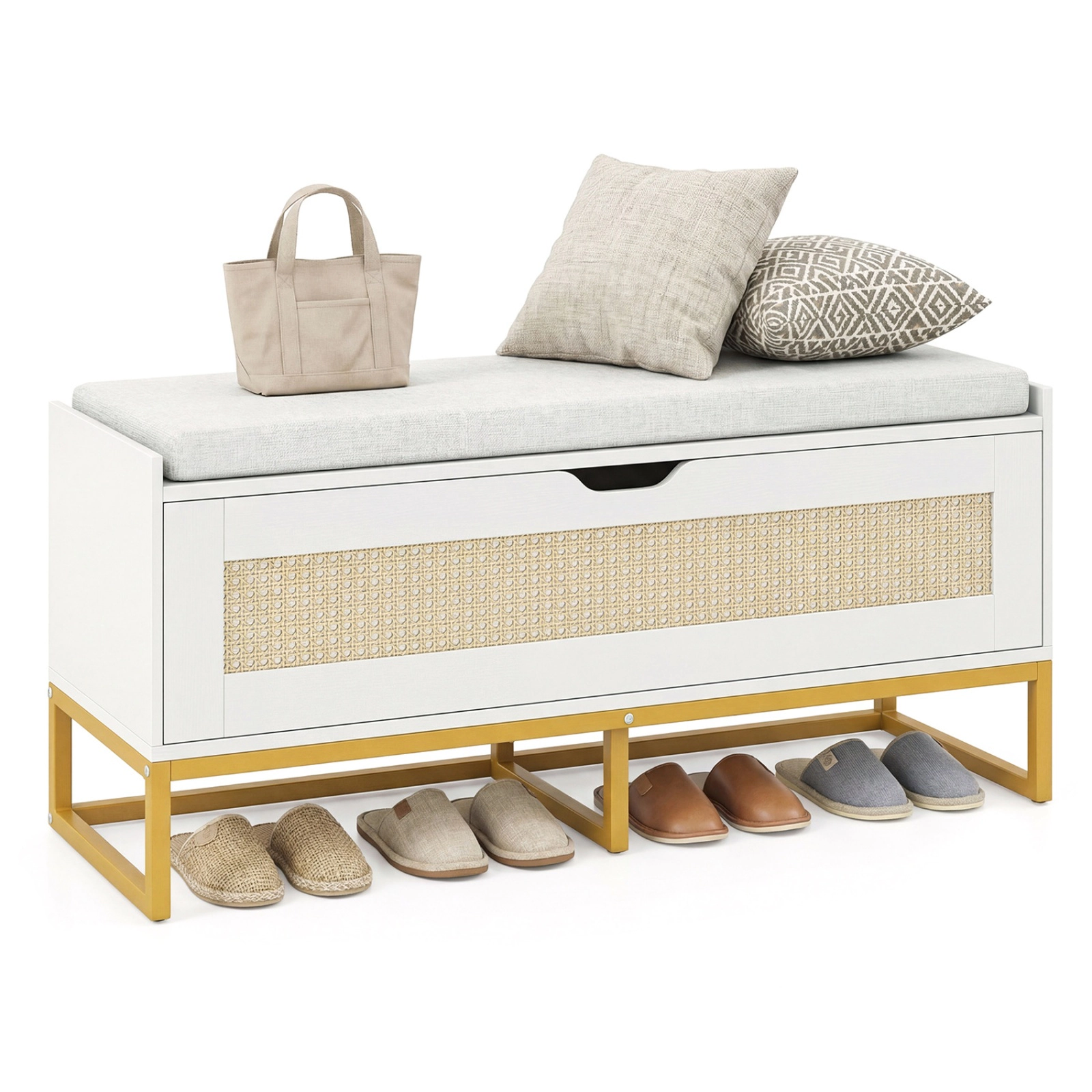 SUGIFT 39.5 Inch Rattan Storage Bench White Wicker Shoe Bench with Padded Flip-Top