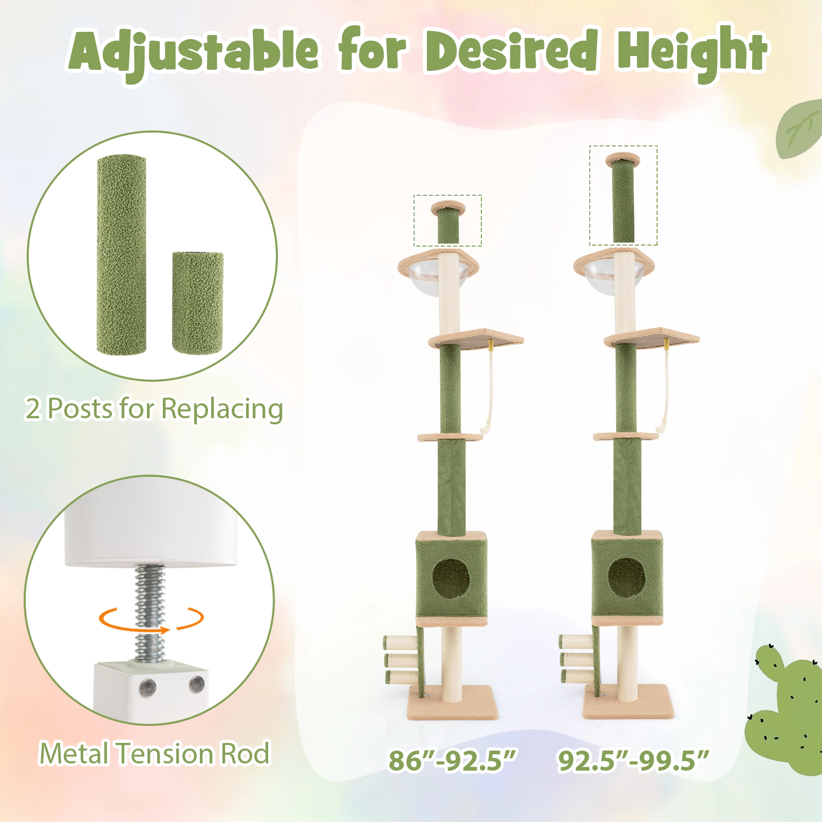 SUGIFT Floor to Ceiling Cat Tree Green Adjustable 86-99.5 in with Space Capsule and Condo