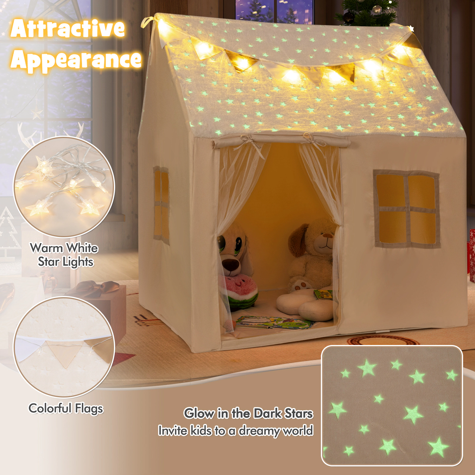 Slickblue Children Playhouse Tent with Warm Lights and Flags