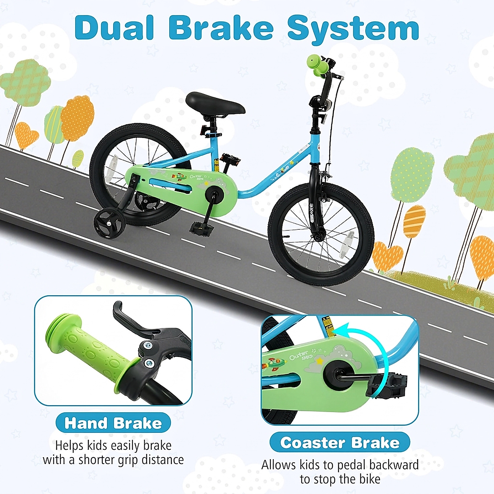 SUGIFT Adjustable Kids Bicycle with Training Wheels 110-lb Seat Capacity Ages 3-7 Blue + Green 12/14/16-Inch Wheels