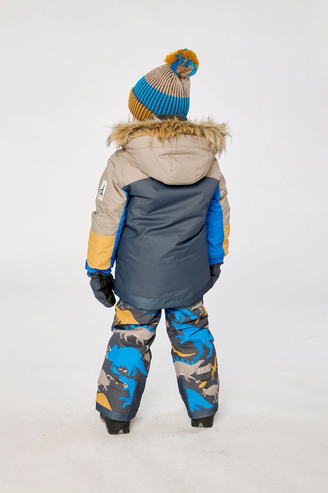 Deux par Boys Colorblock Two Piece Play Snowsuit with Hooded Jacket and Dinosaur Print Snow Pants